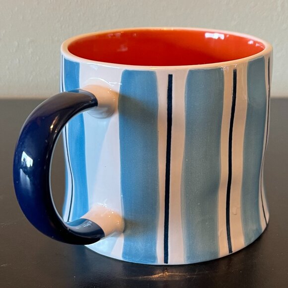 PRIMA DESIGN Oversized Wide-Mouth White & Blue Striped Mug with Orange Interior - Picture 2 of 10